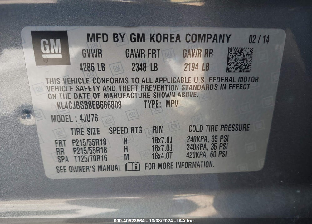 2014 BUICK ENCORE CONVENIENCE VIN: KL4CJBSB8EB666808