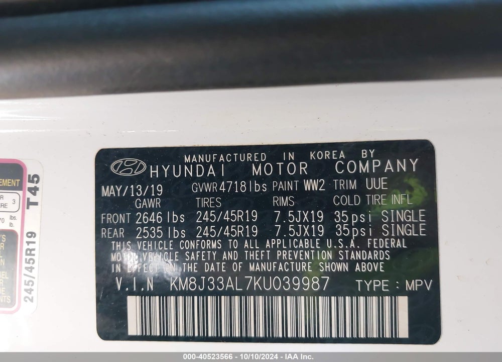 2019 HYUNDAI TUCSON SPORT VIN: KM8J33AL7KU039987