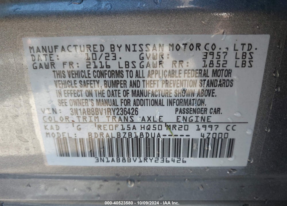 2024 NISSAN SENTRA S XTRONIC CVT VIN: 3N1AB8BV1RY236426