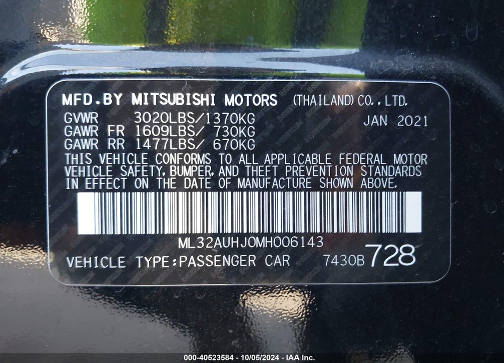 2021 MITSUBISHI MIRAGE CARBONITE EDITION/ES/LE VIN: ML32AUHJ0MH006143