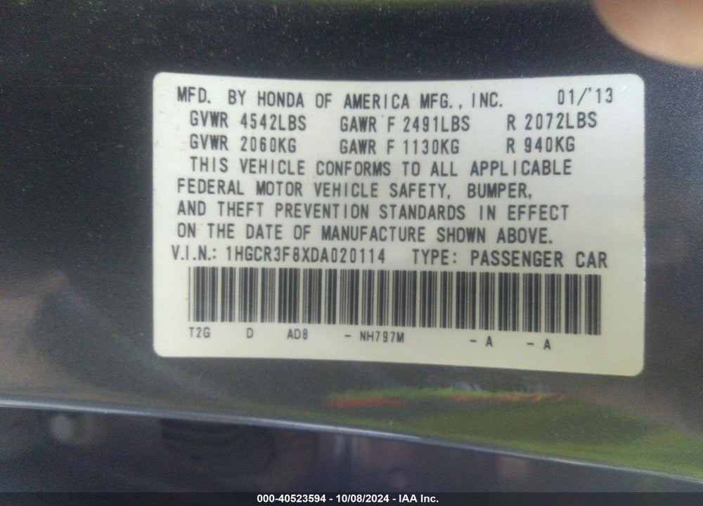 2013 HONDA ACCORD EX-L V-6 VIN: 1HGCR3F8XDA020114