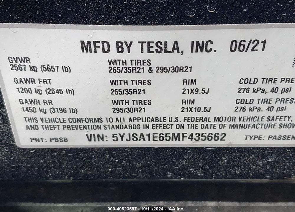 2021 TESLA MODEL S PLAID TRI MOTOR ALL-WHEEL DRIVE VIN: 5YJSA1E65MF435662