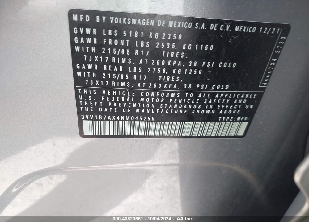 2022 VOLKSWAGEN TIGUAN 2.0T S VIN: 3VV1B7AX4NM045256