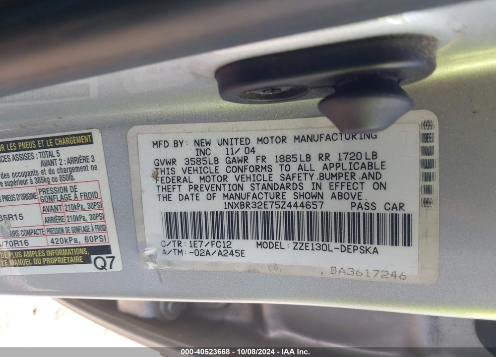 2005 TOYOTA COROLLA S VIN: 1NXBR32E75Z444657