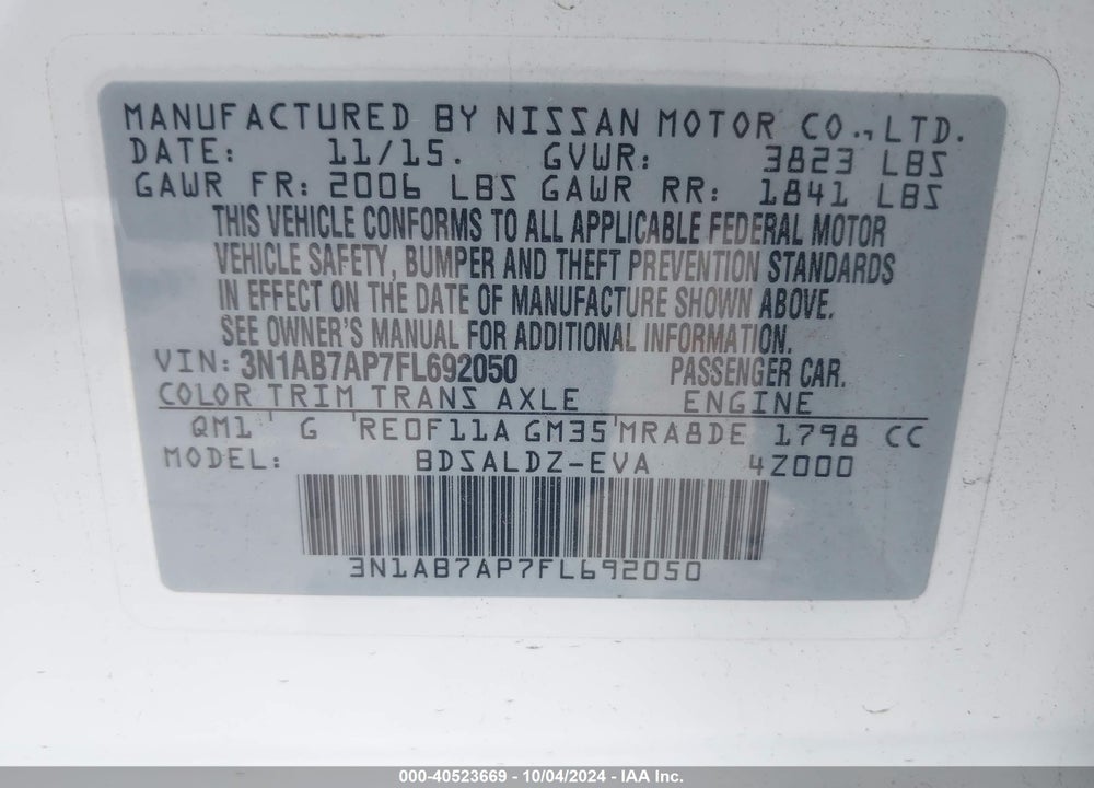 2015 NISSAN SENTRA SV VIN: 3N1AB7AP7FL692050
