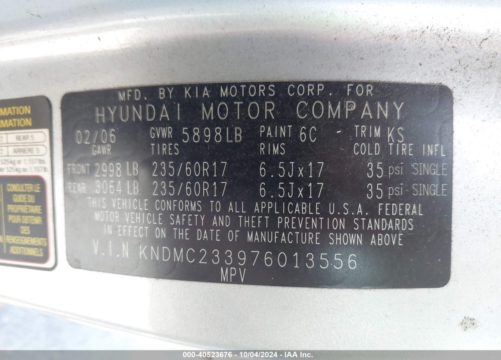 2007 HYUNDAI ENTOURAGE GLS/LIMITED/SE VIN: KNDMC233976013556