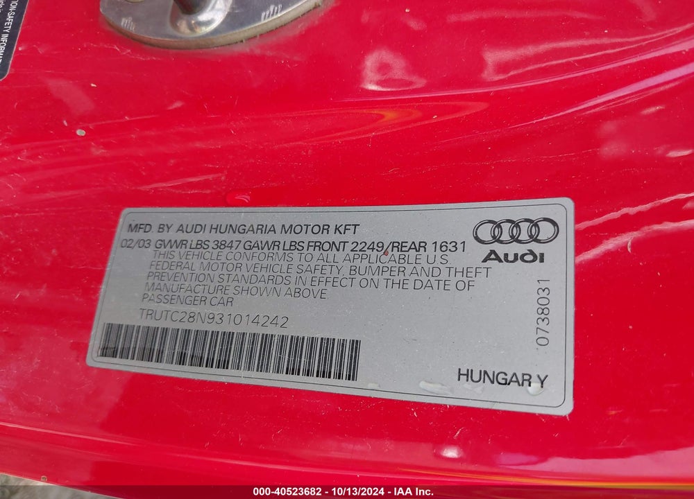 2003 AUDI TT 1.8L VIN: TRUTC28N931014242