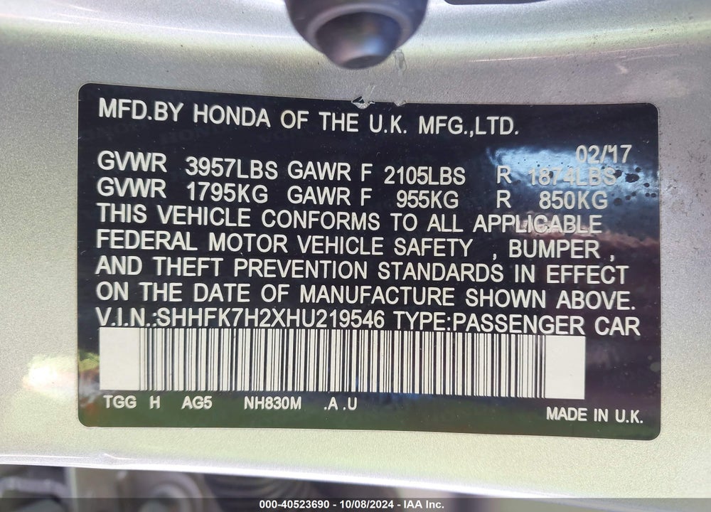 2017 HONDA CIVIC LX VIN: SHHFK7H2XHU219546