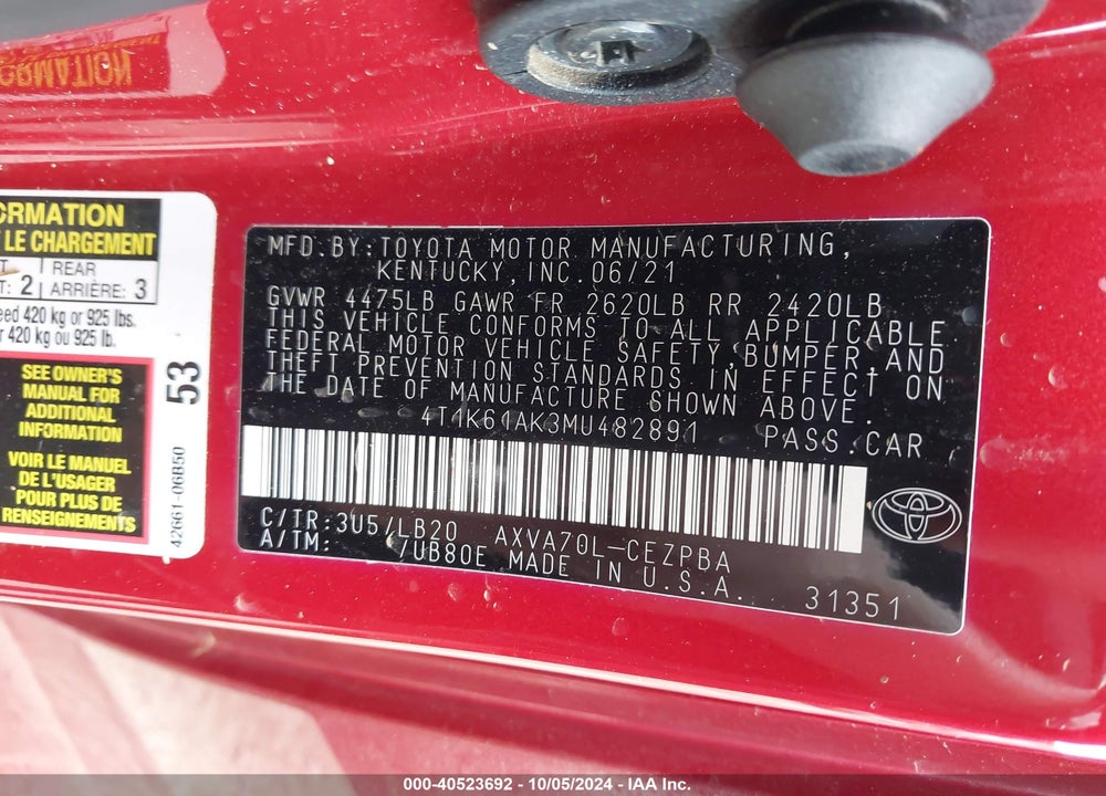 2021 TOYOTA CAMRY XSE VIN: 4T1K61AK3MU482891
