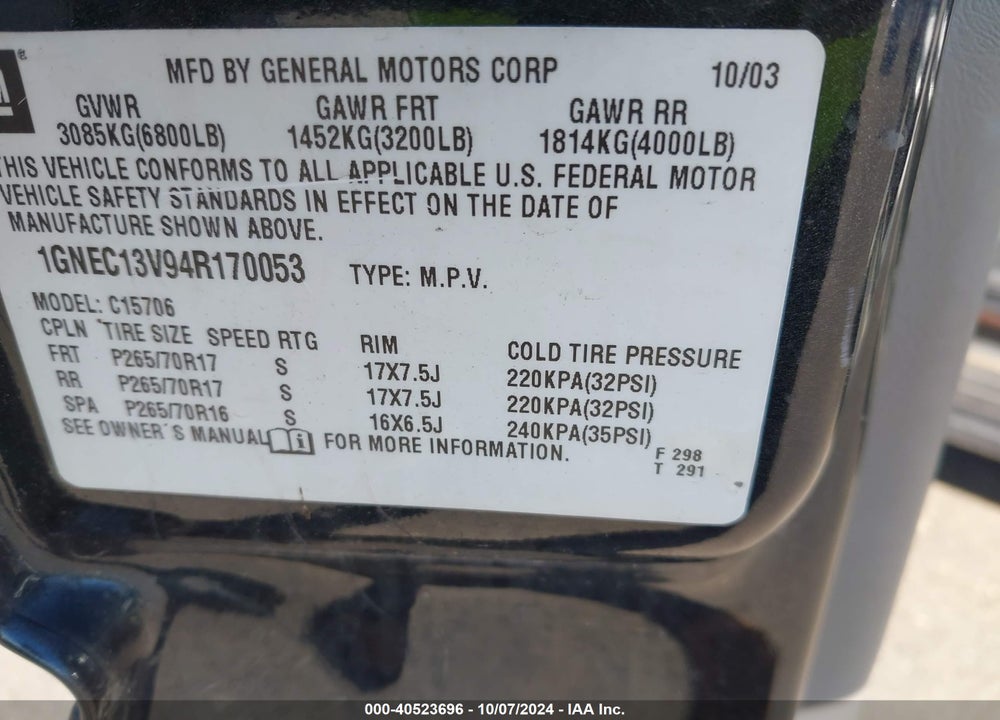 2004 CHEVROLET TAHOE LS VIN: 1GNEC13V94R170053