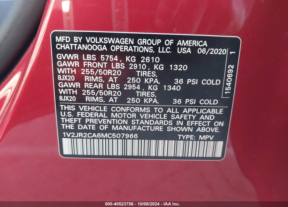 2021 VOLKSWAGEN ATLAS 3.6L V6 SE W/TECHNOLOGY VIN: 1V2JR2CA6MC507966