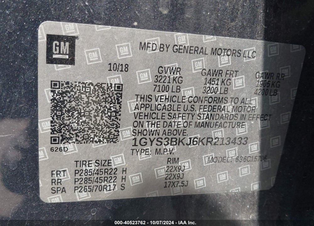 2019 CADILLAC ESCALADE VIN: 1GYS3BKJ6KR213433