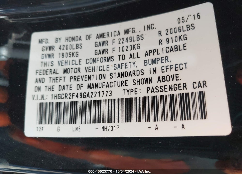 2016 HONDA ACCORD LX VIN: 1HGCR2F49GA221773