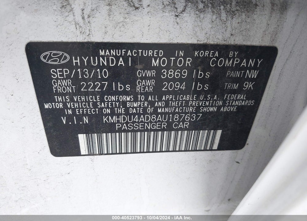 2010 HYUNDAI ELANTRA GLS VIN: KMHDU4AD8AU187637