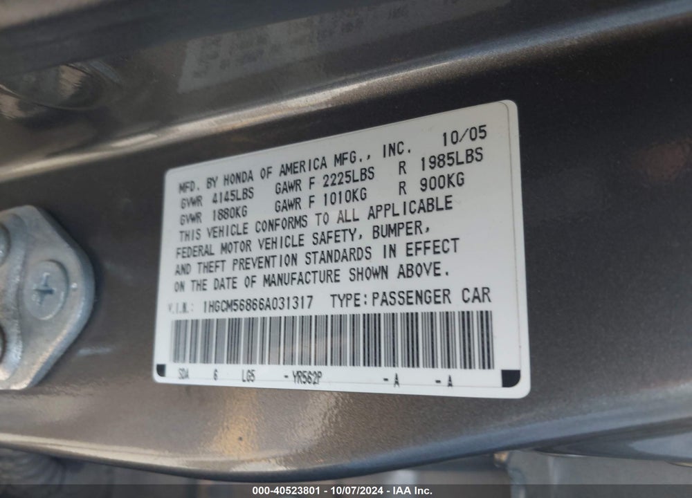 2006 HONDA ACCORD 2.4 EX VIN: 1HGCM56866A031317