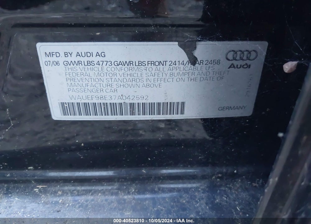 2007 AUDI A4 2.0T VIN: WAUEF98E37A042592
