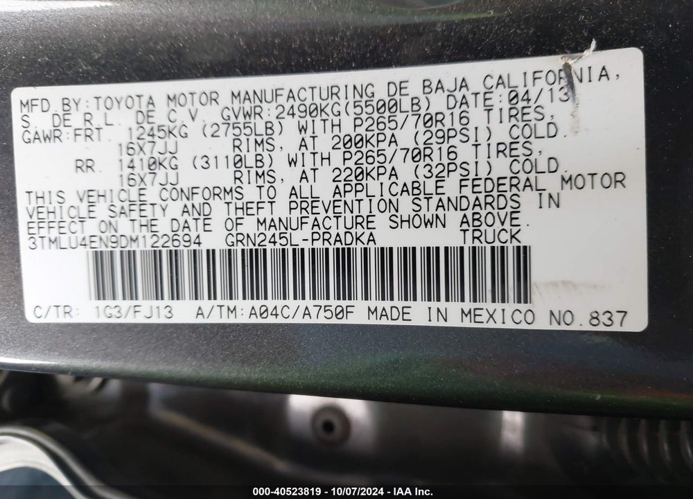 2013 TOYOTA TACOMA BASE V6 VIN: 3TMLU4EN9DM122694