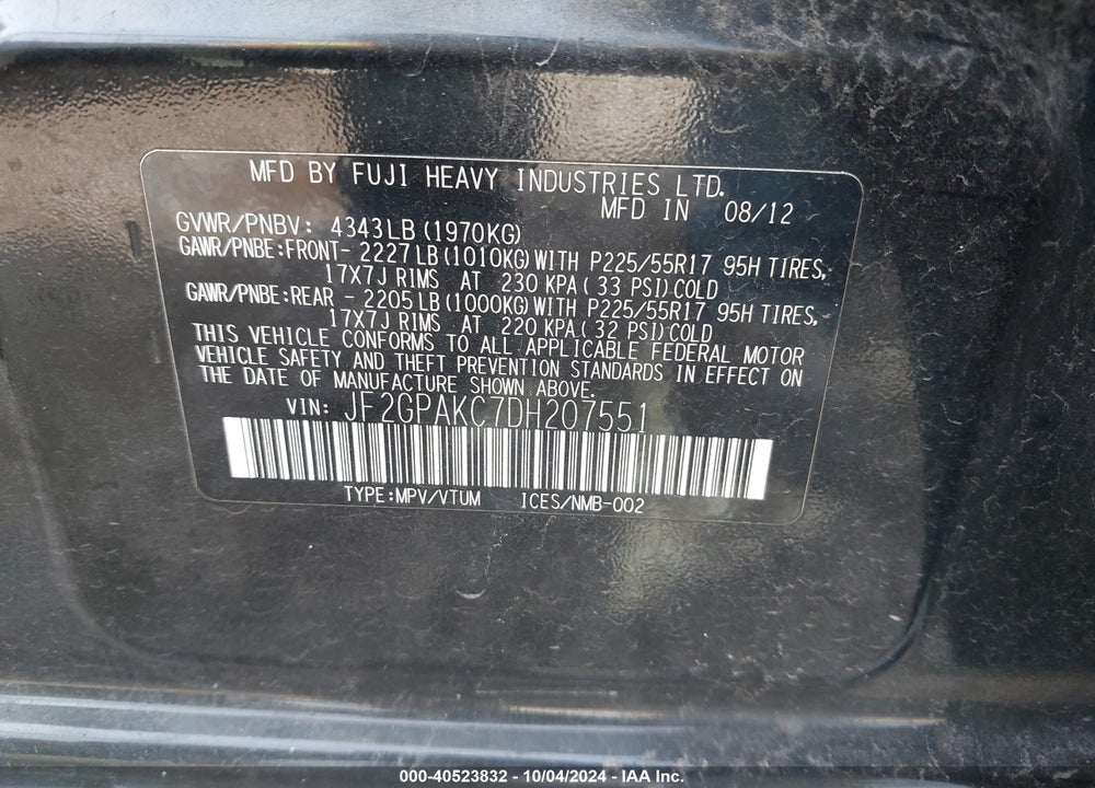 2013 SUBARU XV CROSSTREK 2.0I LIMITED VIN: JF2GPAKC7DH207551