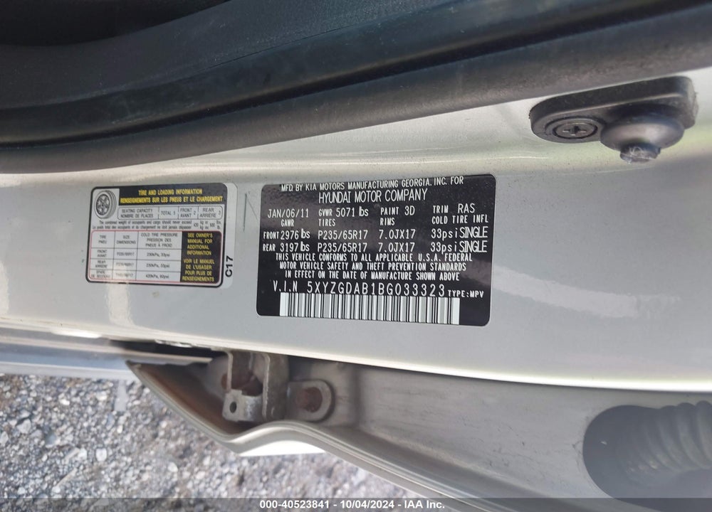2011 HYUNDAI SANTA FE GLS VIN: 5XYZGDAB1BG033323