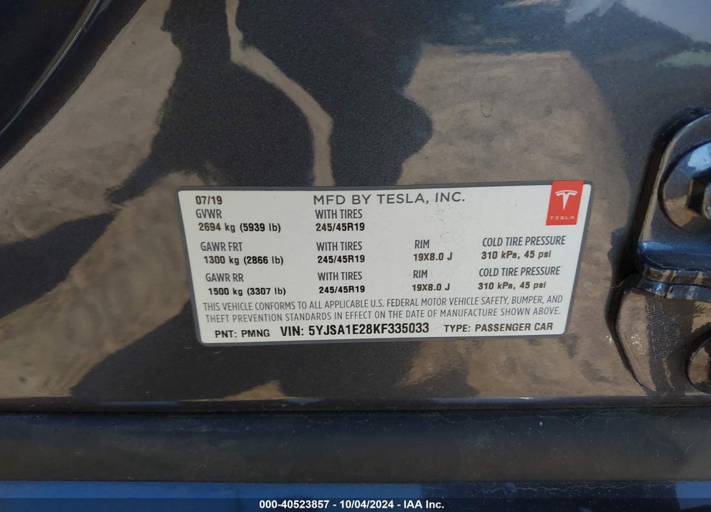 2019 TESLA MODEL S 100D/75D/LONG RANGE/STANDARD RANGE VIN: 5YJSA1E28KF335033
