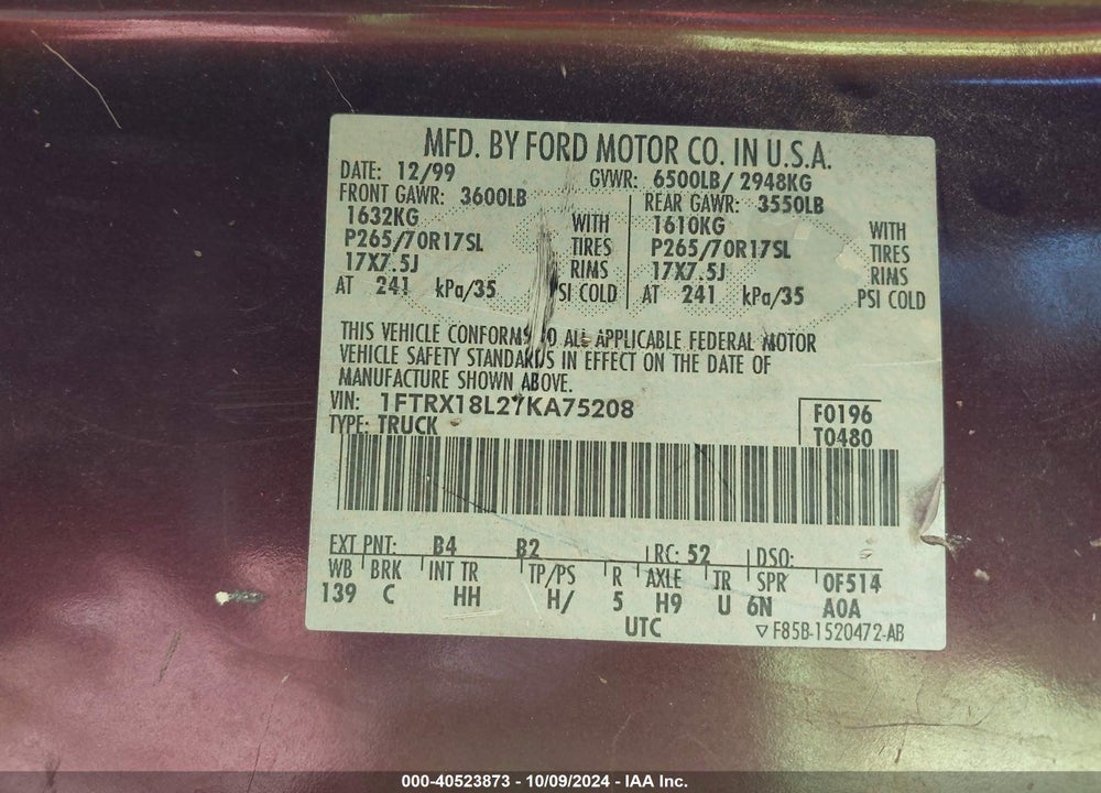 2000 FORD F-150 VIN: 1FTRX18L2YKA75208