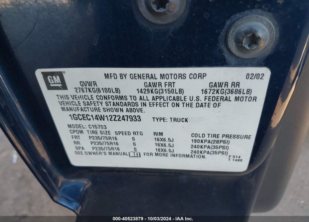 2002 CHEVROLET SILVERADO 1500 VIN: 1GCEC14W12Z247933