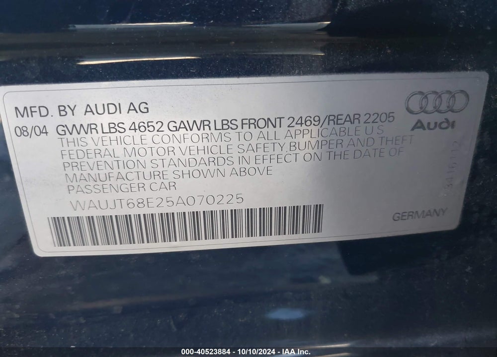 2005 AUDI A4 3.0/3.0 SPECIAL EDITION VIN: WAUJT68E25A070225
