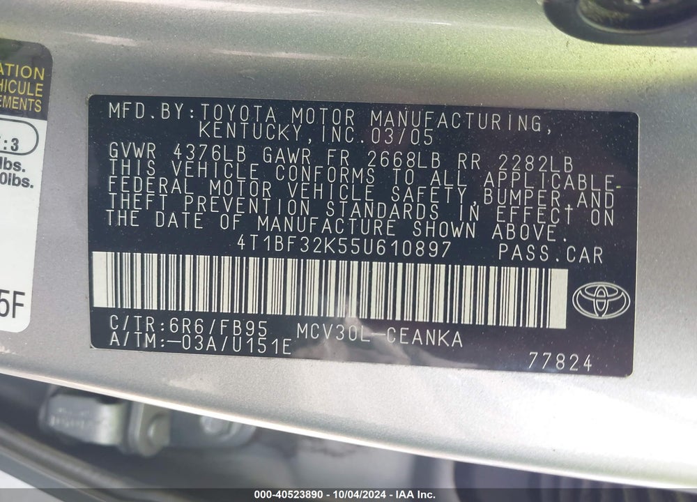 2005 TOYOTA CAMRY LE V6 VIN: 4T1BF32K55U610897