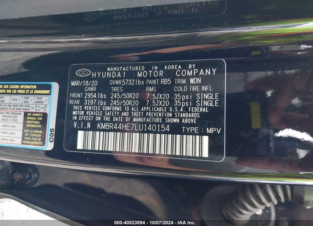 2020 HYUNDAI PALISADE SEL VIN: KM8R44HE7LU140154