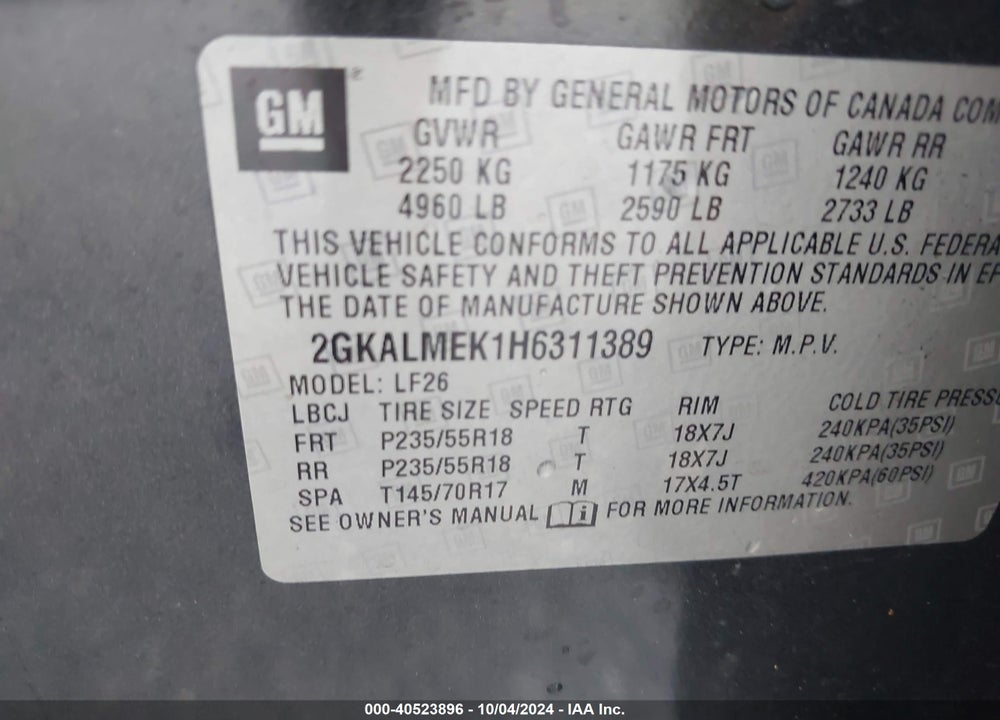 2017 GMC TERRAIN SLE-1 VIN: 2GKALMEK1H6311389