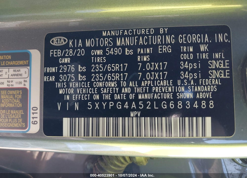 2020 KIA SORENTO 3.3L LX VIN: 5XYPG4A52LG683488