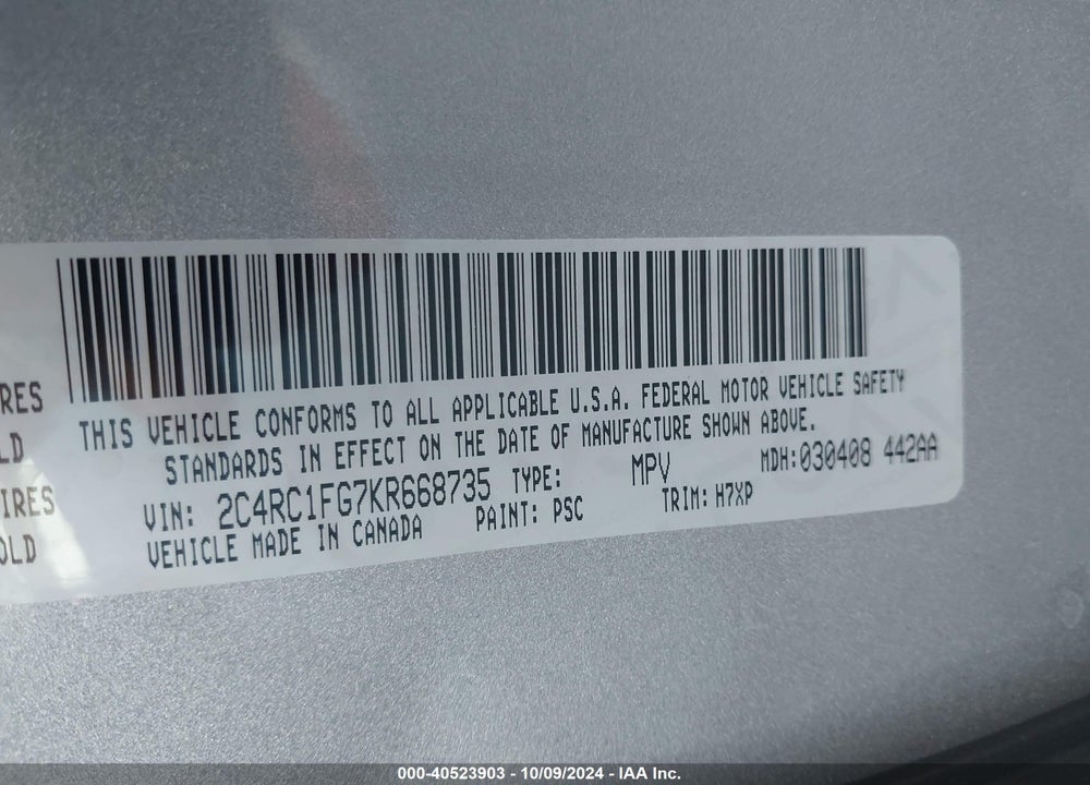 2019 CHRYSLER PACIFICA TOURING PLUS VIN: 2C4RC1FG7KR668735