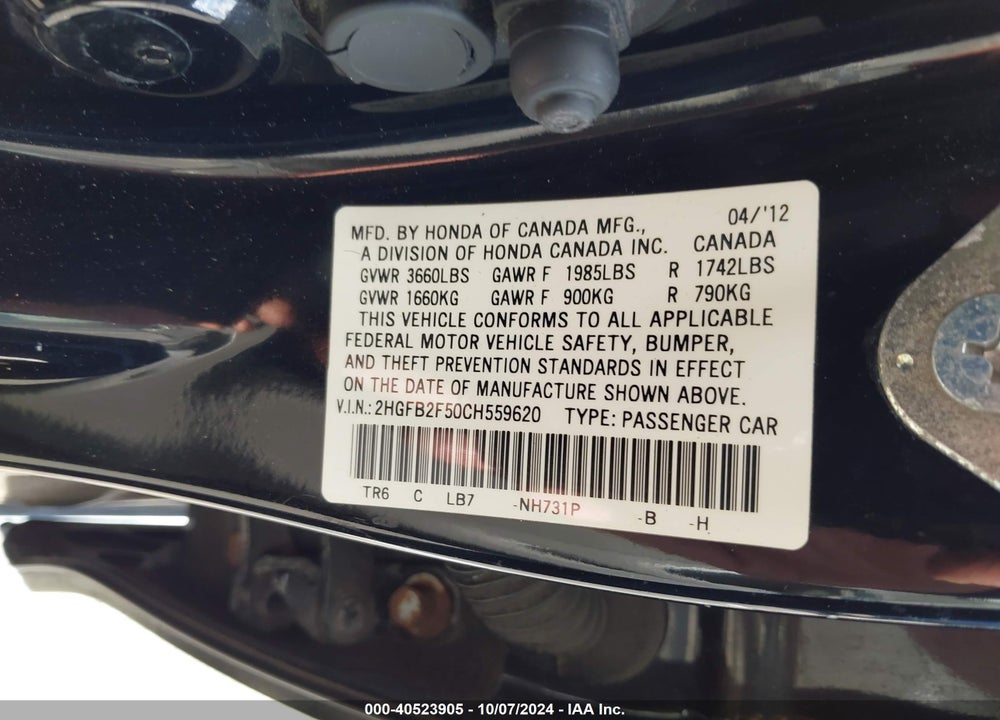 2012 HONDA CIVIC LX VIN: 2HGFB2F50CH559620