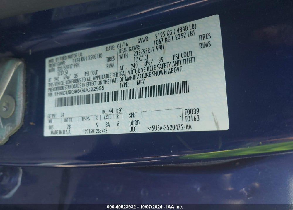 2016 FORD ESCAPE SE VIN: 1FMCU9G96GUC22955