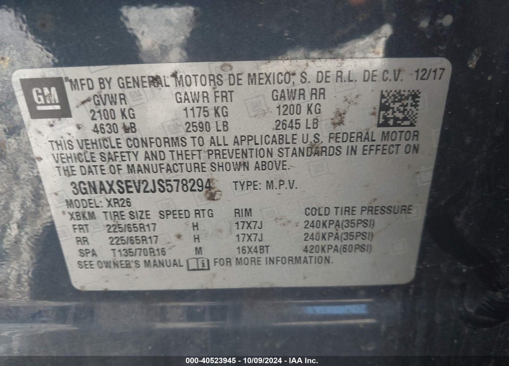 2018 CHEVROLET EQUINOX LT VIN: 3GNAXSEV2JS578294