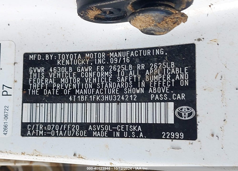 2017 TOYOTA CAMRY SE VIN: 4T1BF1FK3HU324212