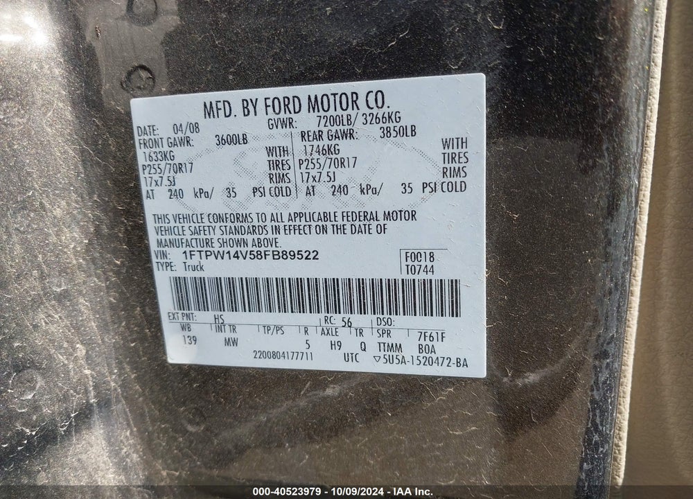 2008 FORD F-150 60TH ANNIVERSARY/FX4/KING RANCH/LARIAT/XLT VIN: 1FTPW14V58FB89522