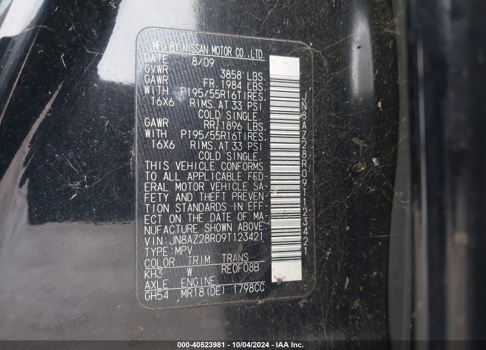 2009 NISSAN CUBE 1.8SL VIN: JN8AZ28R09T123421