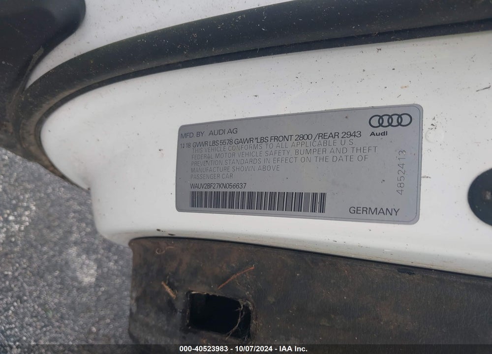 2019 AUDI A7 55 PREMIUM VIN: WAUV2BF27KN056637
