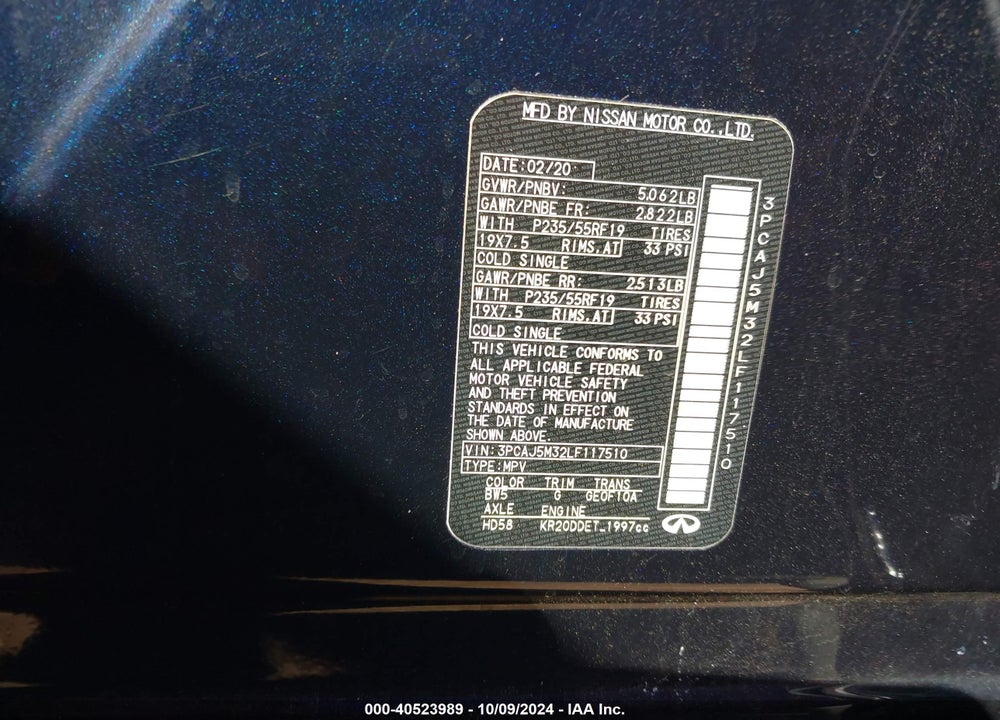 2020 INFINITI QX50 LUXE AWD VIN: 3PCAJ5M32LF117510