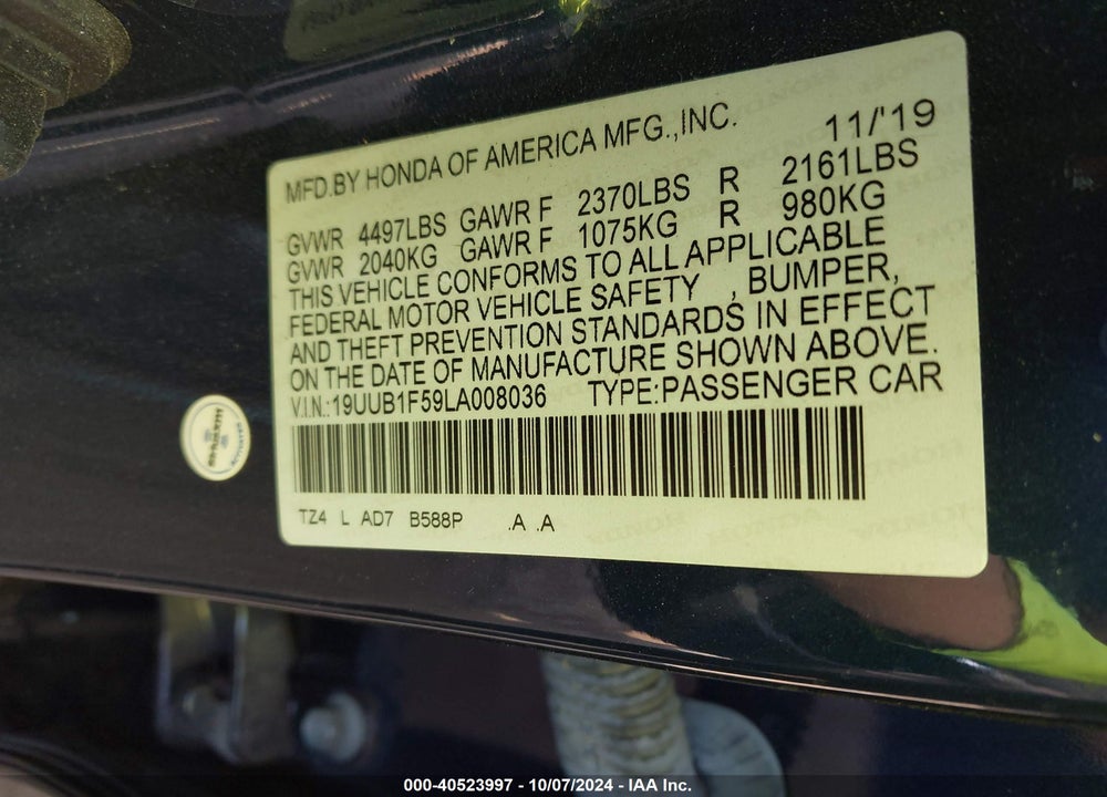 2020 ACURA TLX TECH PACKAGE VIN: 19UUB1F59LA008036