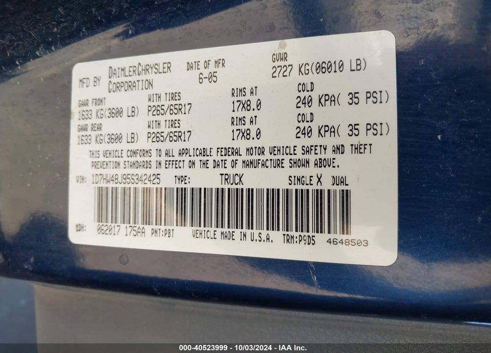 2005 DODGE DAKOTA SLT VIN: 1D7HW48J95S342425