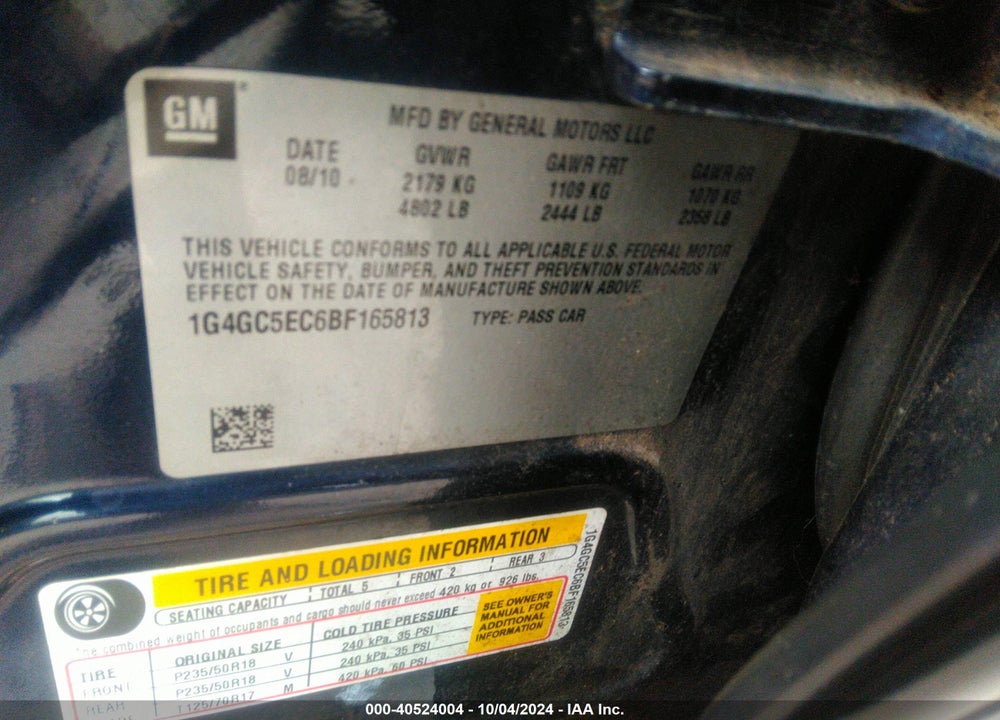 2011 BUICK LACROSSE CXL VIN: 1G4GC5EC6BF165813