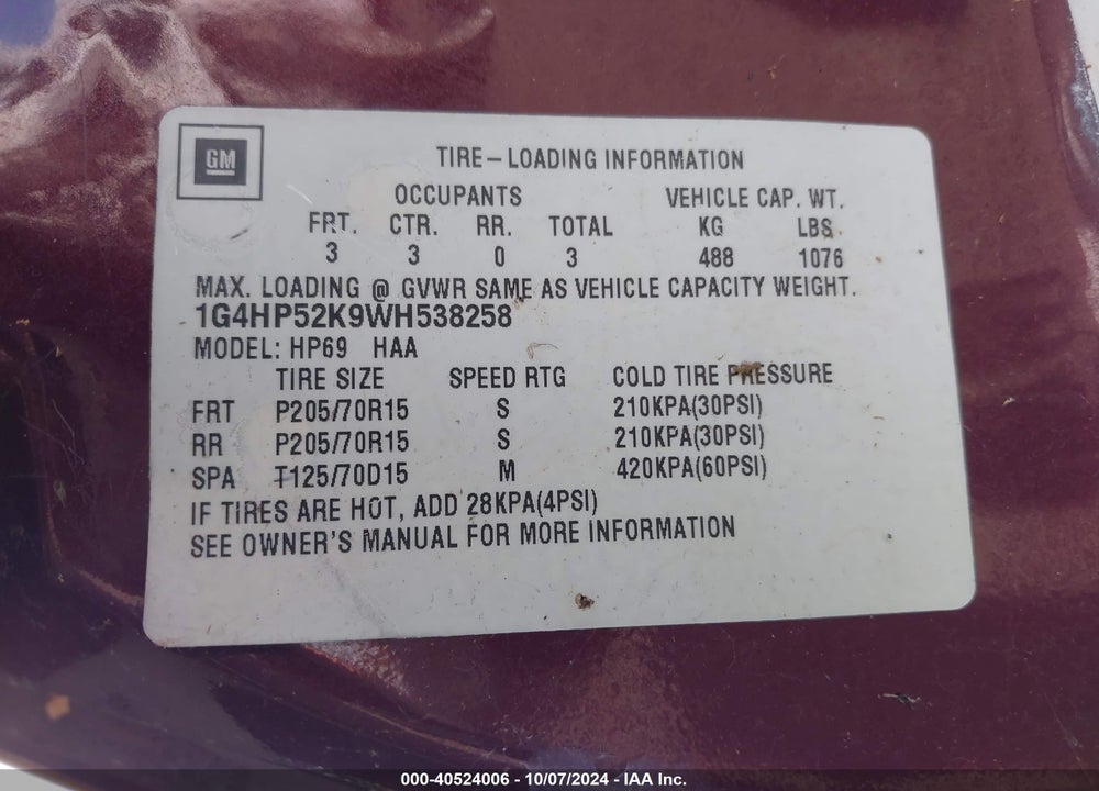 1998 BUICK LESABRE CUSTOM CMI VIN: 1G4HP52K9WH538258