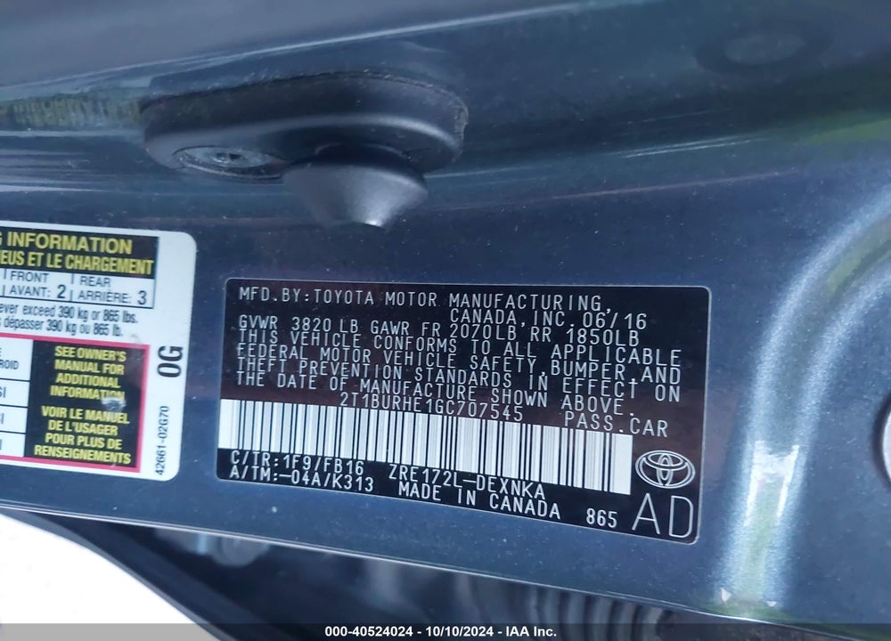 2016 TOYOTA COROLLA LE VIN: 2T1BURHE1GC707545