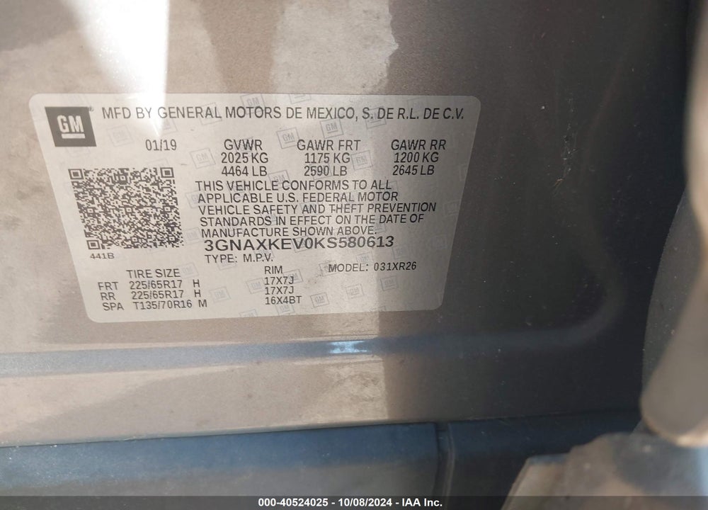 2019 CHEVROLET EQUINOX LT VIN: 3GNAXKEV0KS580613
