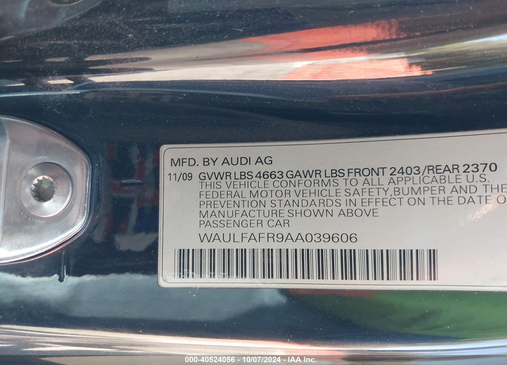 2010 AUDI A5 2.0T PREMIUM VIN: WAULFAFR9AA039606
