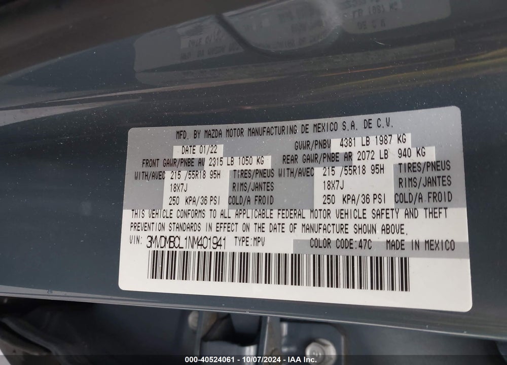 2022 MAZDA CX-30 CARBON EDITION VIN: 3MVDMBCL1NM401941