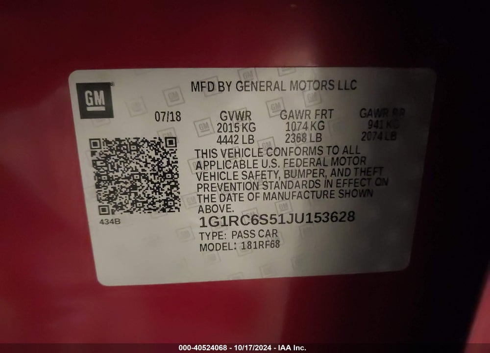 2018 CHEVROLET VOLT LT VIN: 1G1RC6S51JU153628
