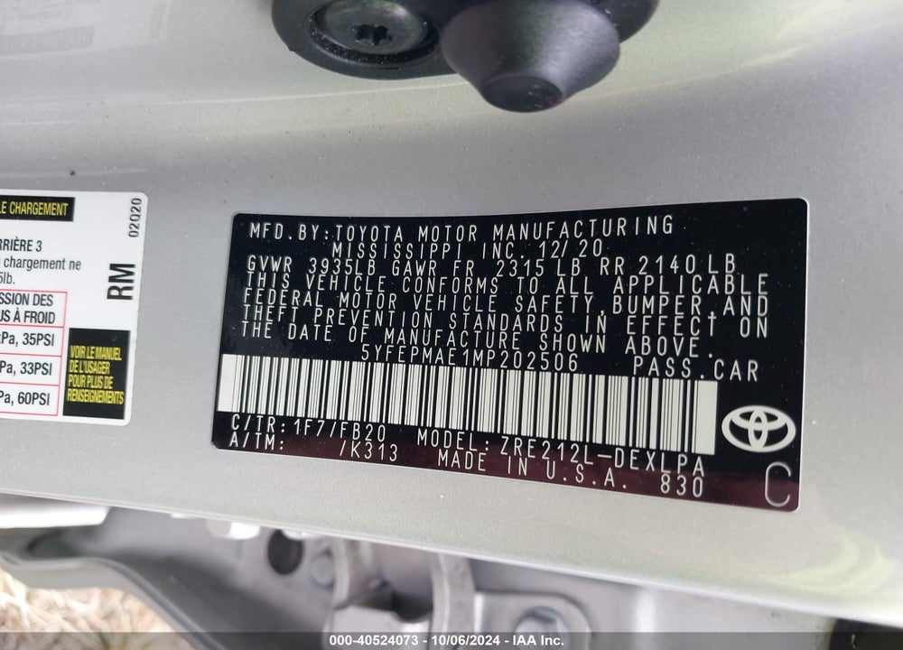 2021 TOYOTA COROLLA LE VIN: 5YFEPMAE1MP202506